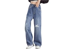 Rolanko Girls Jeans Bootcut Ripped Elasticated Waist Retro Style Denim Pants for Kids Fit