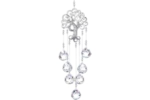 QUNKUN Kryształ pryzmatowy, metalowy wisiorek z motywem drzewa życia, kryształowa kula wisząca, do ogrodu, łapacz słońca, Feng Shui, do dekoracji ogrodu, dekoracji okna