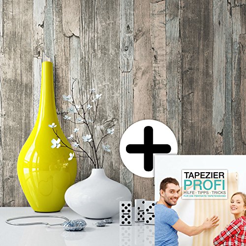 Holz MustertapeteVliestapete Braun Beige Edel , schöne edle Tapete im Holzwand Design , moderne 3D Optik für Wohnzimmer, Schlafzimmer oder Küche inkl. Newroom Tapezier Ratgeber mit super Tipps! - 3