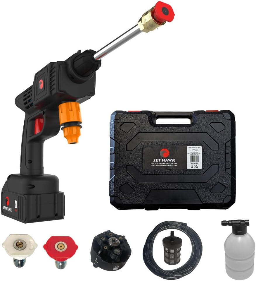 Jet Hawk – Portable Cordless High-Pressure Washer As Seen on High Street TV - Use Any Water Source – 6 in 1 - Inc Spray Nozzles, 5m Hose, Hose Connector, Free Soap Dispenser Bottle & Hard Carry Case