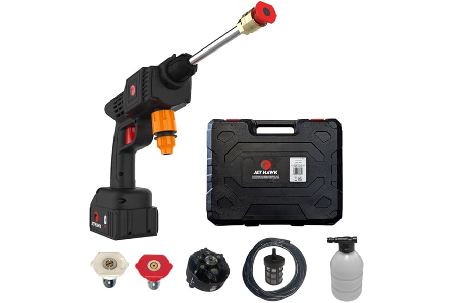Jet Hawk – Portable Cordless High-Pressure Washer As Seen on High Street TV - Use Any Water Source – 6 in 1 - Inc Spray Nozzles, 5m Hose, Hose Connector, Free Soap Dispenser Bottle & Hard Carry Case