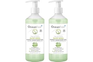 OCEAN FREE Aloe Vera Hand Sanitiser Gel - 500ml Pump Bottle - 70% Alcohol - Made in the UK (Pack of 2)