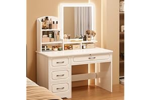 RIKCAT Tocador con Espejo LED, tocador Blanco, tocador de Maquillaje con cajones, luz Ajustable en 3 Colores, 4 cajones