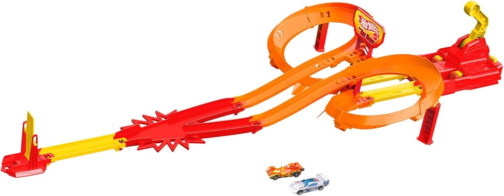 Hot Wheels oyuncak araba ve pist seti, 2 adet 1:64 ölçekli metal araçla yarış ve çarpışma, Hot Ones Otoyol Oyun Seti ve kolayca birleştirilebilen pist, JFD11