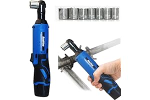 YIYAI Cordless Ratchet Wrench 3/8 Inches, 12V 40Nm Electric Wrench with 2 x 1500mAh Batteries, 1Hour Fast Charger, 7 Sockets, Cordless Ratchet Right Angle Wrench (Blue)