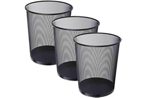 AYSUM 3 Pack Metal Mesh Waste Paper Bin 12 Litres Lightweight Mesh Wastebasket Waste Bin Black Metal Rubbish Bin for Bedroom, Office, Bathroom, Kitchen (silver Round) (3x Black)