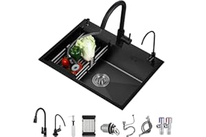 KELINGOUD Fregadero De Cocina De Acero Inoxidable, Color Negro, 1 Cuenco, Fregadero De Cocina Grande, Con Cesta Plegable Y Dispensador De Jabón, Sifón Y Rebosadero (55 x 45 cm)
