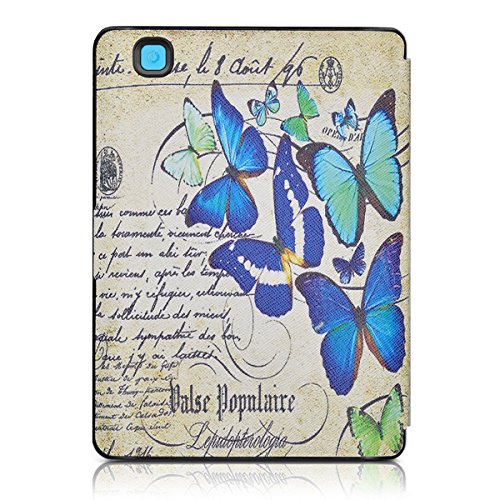 kwmobile Hülle für Kobo Aura Edition 2 – Flipcover Case eReader Schutzhülle – Bookstyle Klapphülle Schmetterlinge Schrift Design Blau Mintgrün Beige - 3