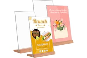 QITIXI:OU 4 Stück A5 Tischaufsteller Acryl Aufsteller mit Holzfuß, Stationen Aufsteller Grundschule, Acryl Fotoaufsteller Werbeaufsteller Display Holzfuß für Menükarte Cafe Restaurant Laden Hochzeit QR-Codes