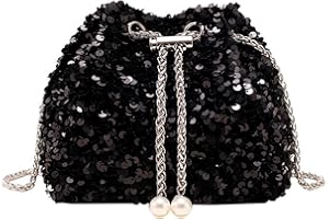 DiiWmme Bucket Bag for Women Sparkly Black Clutch Bag with Drawstring Detachable Chain Strap Elegant Shoulder Handbag Crossbag for Wedding Party Evening Bag for Girls Ladies