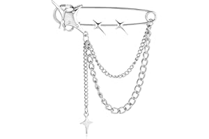 Mabor Stern Brosche Damen Silber Modische Broschen & Anstecknadeln Herren Quasten Sicherheitsnadel mit Kette für Kleidung der Punk Hip-Hop und Vintage Serie(Männer und Frauen)