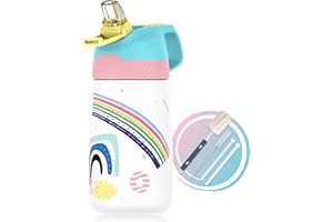 Fjbottle Borraccia Bambini Acciaio Inox con cannuccia 350ml, Borraccia Termica senza BPA, bottiglia da viaggio per scuola, campeggio