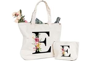 SINEKONG Letras Personalizadas Bolsa de lona, Bolso Tote de Mujer con Inicial y Flores Bolsa de Compras con Bolsillo Interior Alfabeto Bolso de Cosméticos Regalos para Damas Amigas Mamá Regalo Cumpleaños(E)