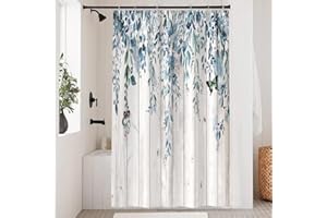 Uiiooazy Cortina de Ducha Eucalipto, Cortina de Ducha Azul Hojas Mariposa Tabla de Madera Rústico Cortina de Baño Anti Moho Impermeable Poliéster Tela Lavable Cortina Ducha con Ganchos 120x180cm