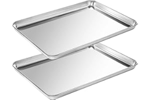 WILDONE Baking Trays for Oven Non Stick Set of 2, Premium Stainless Steel Oven Tray, Durable Cookie Sheets Pan for Baking Cooking Serving - 9 x 7 x 1 inch, Dishwasher Safe and Easy Clean