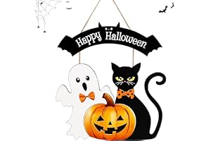 Halloween dekoration dörrskylt, halloween dörrdekoration, ytterdörrdekoration, halloween trädekoration, ytterdörr dekoration med pumpa spöke svart katt för inomhus utomhus ytterdörr, väggdekoration