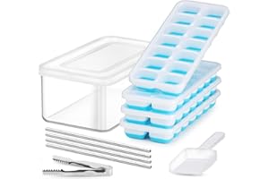 Jrisbo Tacka na kostki lodu z pokrywką i pojemnikiem, silikonowa, ułatwiająca wyjmowanie kostek, 4 słomki ze stali nierdzewnej, szczypce do lodu, łyżka do lodu