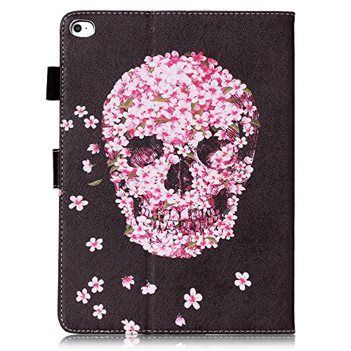 iPad Air 2/iPad 6 Leder Tasche Hülle,iPad Air 2/iPad 6 Leichter Wallet Kickstand Hülle,Herzzer Mode Hübsch [Blumen Schädel Gedruckt] Shockproof Kratzfest PU leder Mappen Geldbeutel Folio Abdeckung mit Karte Bargeld Schlitz Weiche TPU Innere Kasten Hülle Case für iPad Air 2/iPad 6 + 1 x Frei Schwarz Handy Halterung Ständer + 1 x Frei Schwarz Stift Stylus - 3