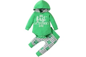 KONFEN Conjunto Ropa Bebe Niña Recien Nacido, My First St. Patrick's Day Manga Larga Mono con Capucha + Pantalones, Trébol de Cuatro Hojas Conjunto de 2 Piezas para Bebés Niña Unisex 0-18 Meses