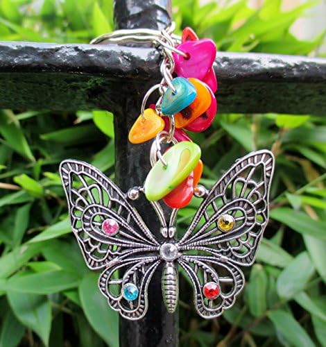 Butterfly Charm Keyring with Rainbow Shell Chips and Gift Bag