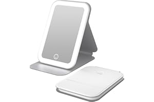 ‎KINTION Kintion 16 x 10,8 cm Kosmetikspiegel mit Beleuchtung, Wiederaufladbarer Reisespiegel mit Licht, Dimmbar 3 Farblichter Touchscreen Reisespiegel Klappbar, für Geschenk Frauen, Zuhause Reise, Weiß