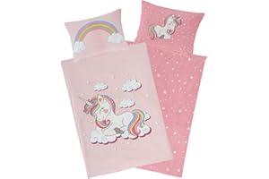‎AMINATA KIDS Aminata kids Bettwäsche Einhorn 100x135, 40x60 cm Mädchen Baumwolle rosa mit YKK Reißverschluss - Wende Kinderbettwäsche - Wende-Kinder-Bettwäsche-Set - Regenbogen, Rose - Einhorn-Motiv, Pferde