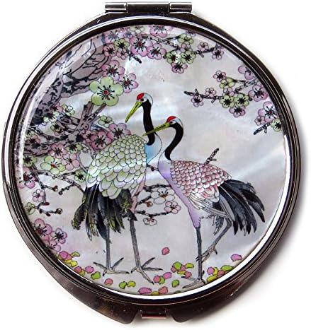 White Compact Makeup Folding Hand Mirror Metal Mother of Pearl Cranes Design