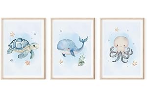 MeinBaby123® Lot de 3 images du monde sous-marin - Format A4 - Baleine, tortue, dauphin, hippocampe - Décoration pour chambre d'enfant - Cadeau de naissance (monde sous-marin V3)