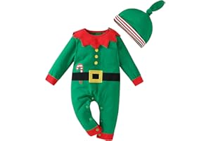 LIKPOJA Newborn Baby First Christmas Elf Outfit One-Pieces Baby Christmas Dress Up Santa Costume with Elf Hat for Toddler Baby Girls and Baby Boys