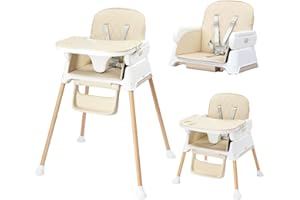Bonnlo 4-in-1 Foldable Baby High Chair, Adjustable Height with Detachable Tray, 5-Point Safety Harness, Highchair for Toddlers 6 to 36 Months, Beige