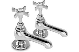 VANCOCO Traditional Chrome Brass Basin Tap Pair 1/2", Victorian Style Hot and Cold Head Cross Lever Bathroom Sink Taps, Polished Chrome Brass Pillar Toilet Sink Wash Faucet Set of 2