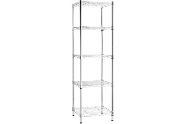 Amazon Basics justerbar hyllenhet i tornmodell med 5 hyllor, förvaringsenhet, krom, 40,6 x 40,6 x 137,2cm (D x B x H)