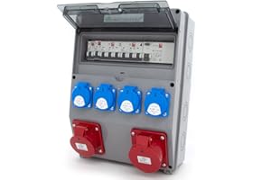 ELS Elektrotechnika Distribuidor de pared con interruptor FI y Schuko 4x230V + 2 LS, CEE 16A, CEE 32A, enchufes, asegurado, cableado, listo para conectar en garaje, fábrica y habitaciones húmedas.