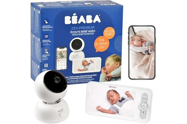 Béaba, Babyphone, Ecoute Bébé Vidéo 2 en 1, Ecran/Application Mobile dédiée, Caméra HD, Rotation à 360°, Vision Nocturne, Talkie Walkie, Berceuses, Contrôle température et humidité, Zen Premium Blanc