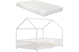 ‎[EN.CASA] [en.casa] Kinderbett Sisimiut mit Matratze 120 x 200 cm Hausbett mit Rausfallschutz Holzbett für Kinder Bodenbett Lattenrost Kiefernholz Weiß