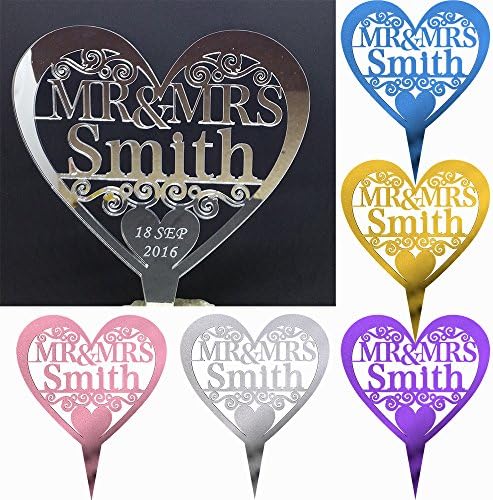 Personalised Wedding Cake Topper Mr & Mrs Heart Table Decoration Mirror Acrylic