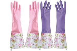 KINGFINGER Reusable Dishwashing Gloves,PVC Waterproof Long Cuff and Flock Lining Household Cleaning Gloves 2 Pair Large
