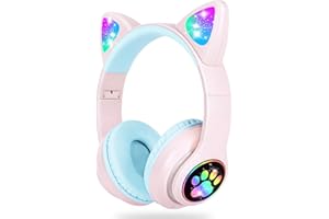 LAIBUY Bluetooth Kopfhörer Kinder, Kabellos Kinder Kopfhörer mit LED-licht Katzenohren und Mikrofon,HD Stereo Sound Faltbare Mädchen Kopfhörer für PC/Lernen/Schule (rosa), STYU-4