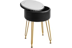 ‎IBUYKE IBUYKE Faux Leder Runde Fußlehne Hocker mit Lagerung Ottoman, Make-up Eitelkeit Stuhl Seitentisch, PU Umkleidetisch Sitz, abnehmbare Abdeckung, goldene Stahlbeine, schwarz WBD024B