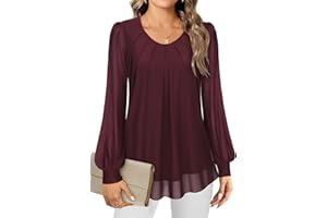 Gemulate Women's Blouses Ladies Long Sleeve Tops Chiffon Tops for Women UK Crew Neck Pleated Front Loose Fit Ladies Top Flowy Double Layered Mesh Shirts M-3XL