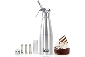 ICO 1L Sifon de Cocina en Acero Inoxidable Profesional. Dispensador Crema para Nata Montada, Espumas, Postres, Cremas, Salsas, Preparaciones Aireadas y Licores de Infusion, 1L