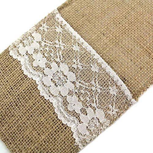V-Dragon 10,2 x 20,3 cm natur Jute Sackleinen Jute Spitze Besteck Halter Pouch Bag Rustikal Hochzeit Bankett Party Decor braun - 2