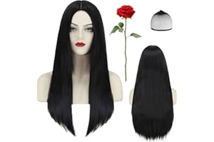 LXWINNER Parrucca nera Lunga,Parrucca Strega per Adulti,Parrucca Capelli Lunghi neri Lisci,Parrucca Halloween Donna,parrucca nera per Halloween, cosplay, feste in costume