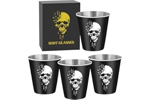 LKKCHER NOVELTY Bicchieri da liquore in acciaio inox con teschio bianco, 4 pezzi, 70 ml, con confezione regalo, impilabili, per feste, festa del papà, regali per gli appassionati di gotici, matrimoni, compleanni