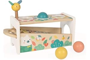 Janod Tap Tap Xylo Pure 2-in-1 Baby Musical Instrument - Awakening and Educational Game - Wooden Toy with 3 Balls + Hammer + Xylophone - From 12 Months Old, J05155
