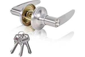 YELANGU 1 Pack Satin Nickel Door Handle Lock, Entrance Door Handles with Locks and Key, Safety Locks Cover Outer Door Handle(Silver)