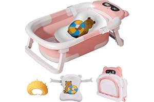 LiveGo Collapsible Baby Bathtub, Foldable Infant Tub for Newborn to Toddler (0-36 Months), Real-Time Temperature Monitor, Soft Cushion, Portable, Anti-Slip Feet, Drain Hole for Easy Use (Pink-A)