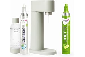 SODATASTE Sparpaket: Mysoda Woody - Wassersprudler aus erneuerbarem Holzkomposit mit 1L BPA-freier Plastikflasche, CO2-Zylinder Classic + CO2-Zylinder Limette (Hellgrün, Pigeon)