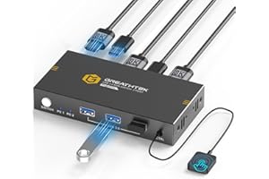 GREATHTEK 8K@60Hz KVM Switch HDMI 2 Puertos, USB3.0 KVM Switch 2 PC 1 Monitor, HDMI2.1, HDCP2.3, Conmutador KVM,Con 3 puertos USB3.0, controlador de sobremesa con cable, EDID adaptativo