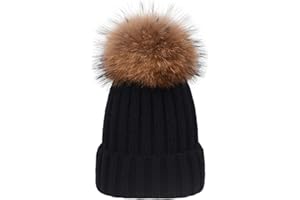 EXQULEG Warm Mütze, Echtfellbommel Pudelmütze,Winter-Mütze Bommelmütze Pelzbommel Waschbär Raccoon Pelz